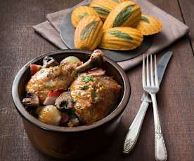 Coq au vin blanc with polenta madeleines