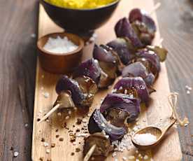 Špízy z drůbežích jater s květákovým pyré a cizrnou