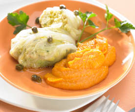 Fisch-Kohl-Päckchen mit Kartoffel-Möhren-Püree