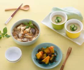 秋葵味噌蛋&紅棗蜜南瓜、香菇素羹湯