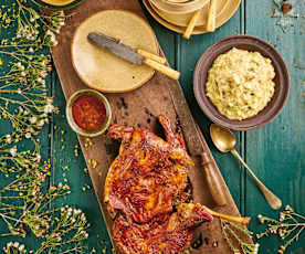 Cabrito al horno con migas de espárragos