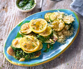 Papillote de pescado con calabacín y arroz