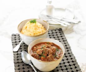 Garlic Tomato Beef with Potato and Carrot Mash