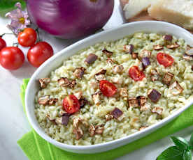 Risotto al basilico e pecorino con dadolata di melanzane