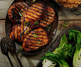 Korean Style Pork Chops with Spicy Rice and Steamed Bok Choy