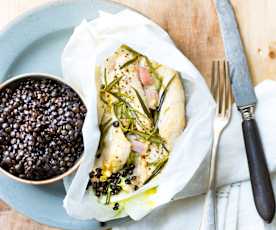 Papillotes de poulet, poireaux et lentilles