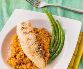 Risotto falso de cebada con pescado blanco