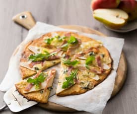 Cauliflower and ricotta pizza bases with blue cheese, pear and prosciutto