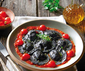 Ravioli negre cu biban de mare