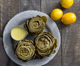 Globe artichokes with lemon garlic butter