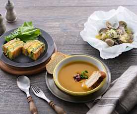 法式野菜蒸糕&蒜香奶油蛤蜊、咖哩南瓜濃湯