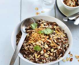 Salade de lentilles et riz aux amandes