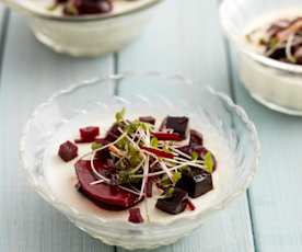 Goat's Cheese Panna Cotta with Beetroot and Port Jelly, Beetroot Gel and Beetroot Pickles