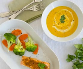 Carrot coriander soup and tikka salmon with steamed vegetables
