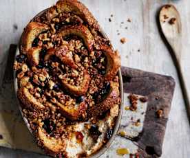 Maple bread and butter pudding with walnut crumble