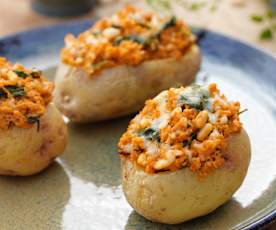 Potatoes Stuffed with Soya Mince, Spinach and Pine Nuts