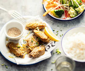 Zitronen-Chicken-Wings mit Gemüse und Reis