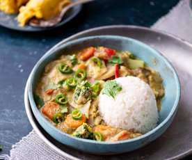 Wegańskie tajskie zielone curry, ryż jaśminowy; Sorbet z mango i kokosa