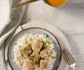 Bocconcini di pesce con crema di zucca e riso basmati