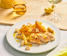 Maishähnchen mit gebratener Polenta und Curry-Sauce