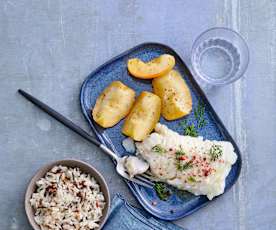 Merlu à la vanille et pommes fondantes
