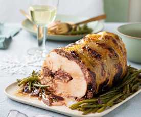 Pollo en dos cocciones con judías verdes y chalotas al caramelo