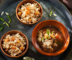干貝炊飯和豬肉蔬菜味噌湯