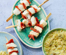 Brochettes de cabillaud au chorizo et fondue de poireaux