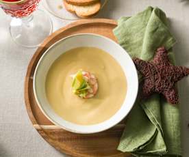 Vichyssoise de aguacate con gambones