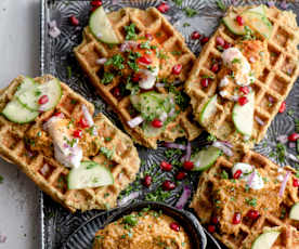 Waffles de grão-de-bico com harissa baba ganoush