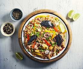 Paella di pesce con bulgur