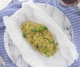 Nasello con pesto di olive e pistacchi