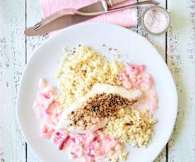 Kabeljau mit Hirse und Pfirsichsauce