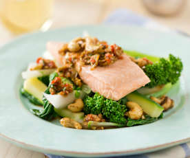 Salmon with Ginger Sauce and Spiced Cashews