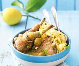 Poulet aux olives, citron et tagliatelle