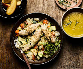 Three Course Meal for 2 - Vegetable Soup, Chicken Pie with Rice & Steamed Apple