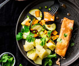 Menu with Ginger-Pea Soup, Lemon Salmon, Broccoli and Potatoes
