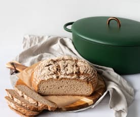 Gluten free artisan loaf baked in a cast iron pot