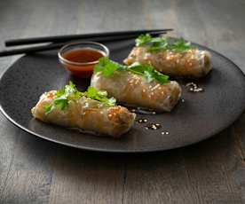 Pork and shiitake mushroom rice paper rolls with Holy Trinity sauce