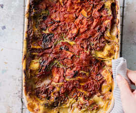 Lasaña vegana de setas y kale con pesto de rúcula y nueces