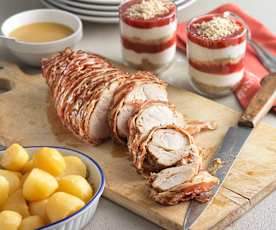 Menü: Putenbrust mit Speck und Erdäpfeln; Zwetschkenknödel zum Löffeln