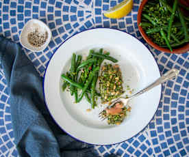 Lemon garlic salmon with green bean gremolata