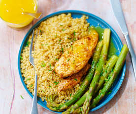 Poulet épicé, asperges et sauce orange gingembre