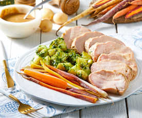 Pork Tenderloin with Carrots and Pesto Potatoes