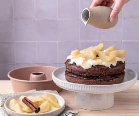 Steamed chocolate cake and poached pears
