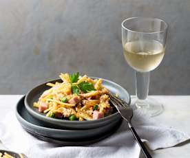Revuelto con jamón y patatas (revuelto Gramajo)