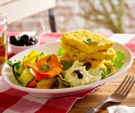 Knoblauchpolenta und Gemüsepappardelle mit Parmesandip