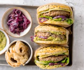 Gluten-free Burgers with Guacamole and Onion Rings