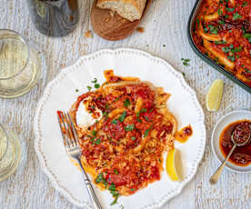 Calamari tray bake with pil pil and risoni