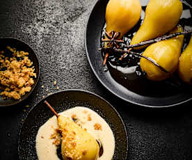 Poached pears on bay leaf crème anglaise and almond crumble